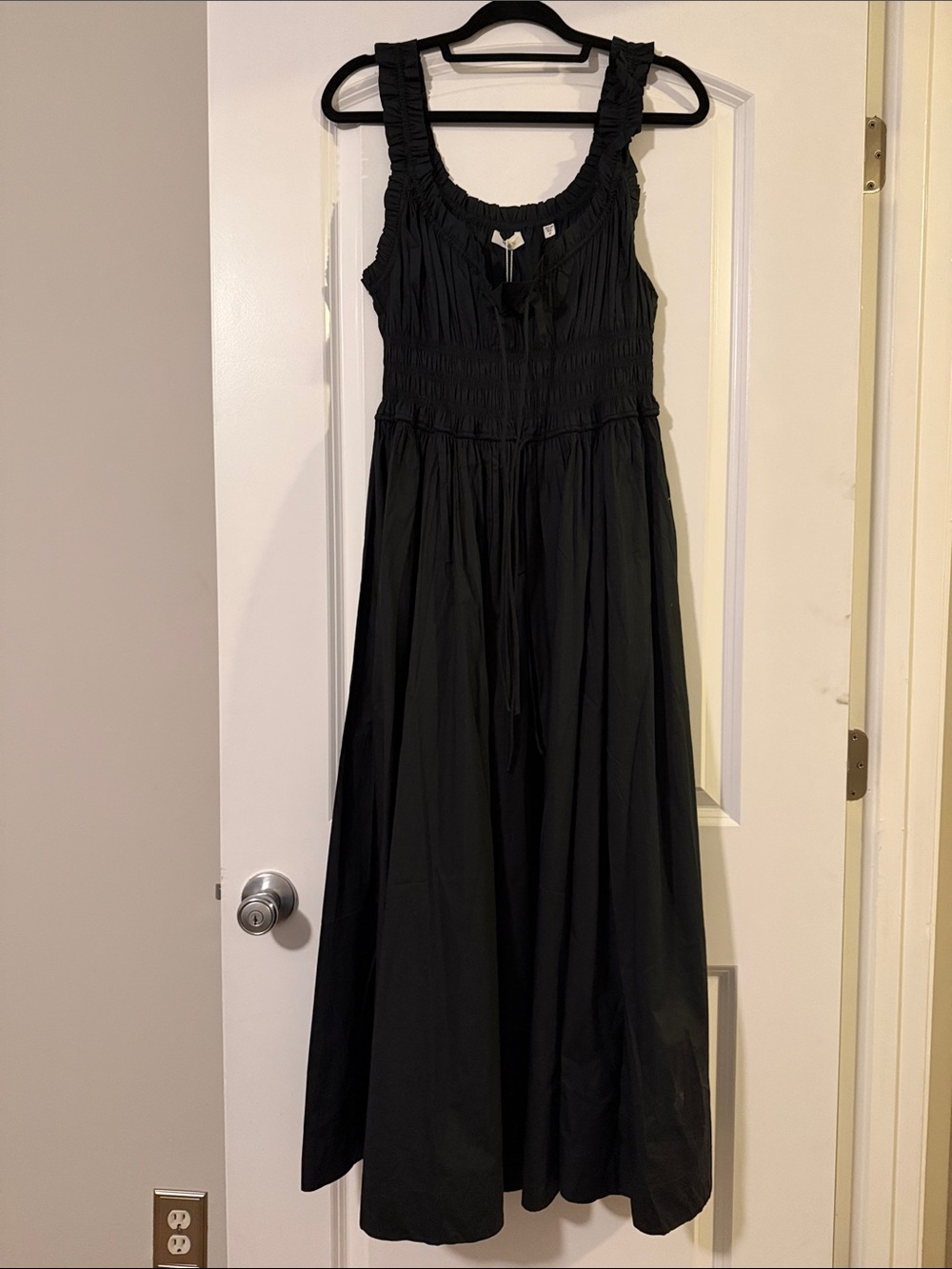 Doen Black Smocked Midi Dress with Ruffle Straps
